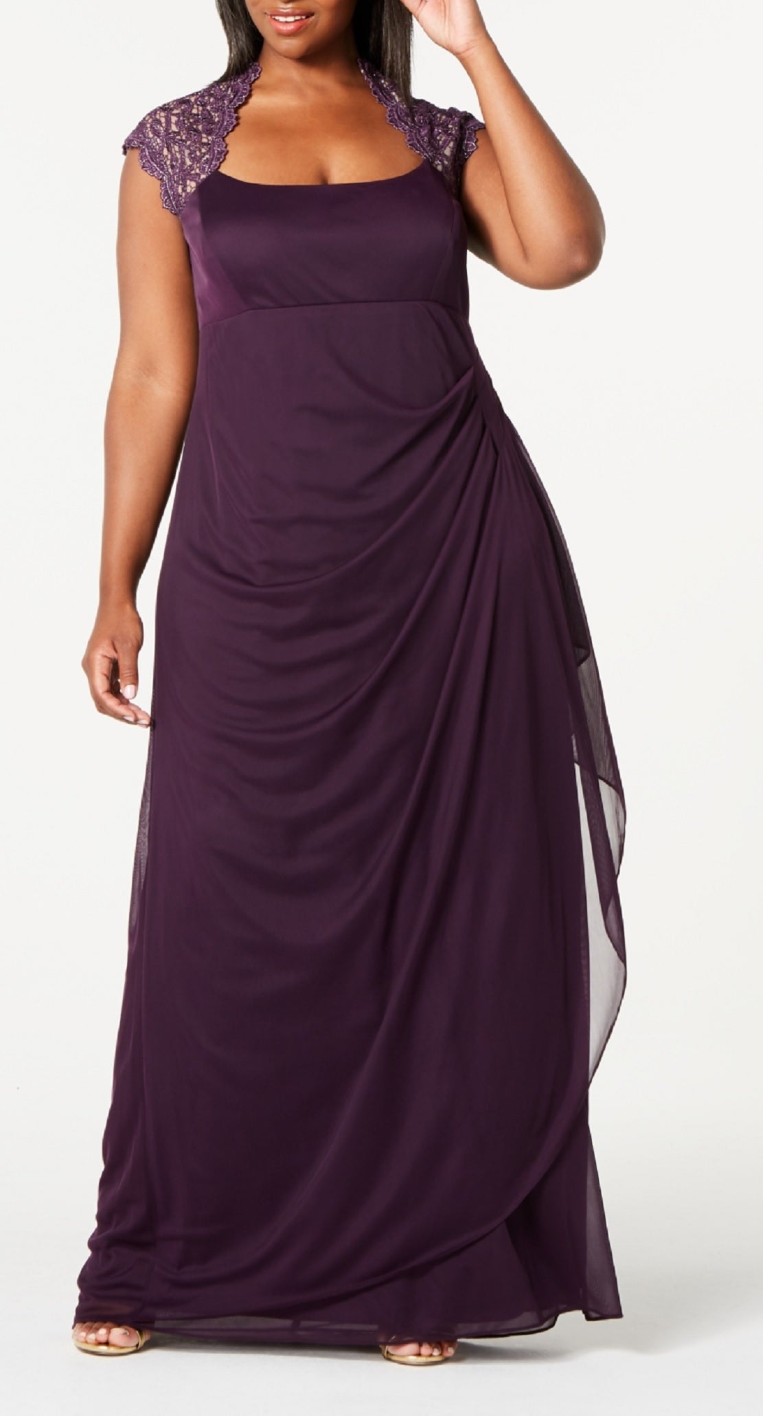 XSCAPE Women's Ruched Lace Gown Purple Size Petite Small
