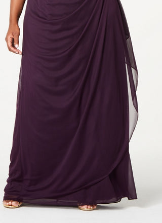 XSCAPE Women's Ruched Lace Gown Purple Size Petite Small