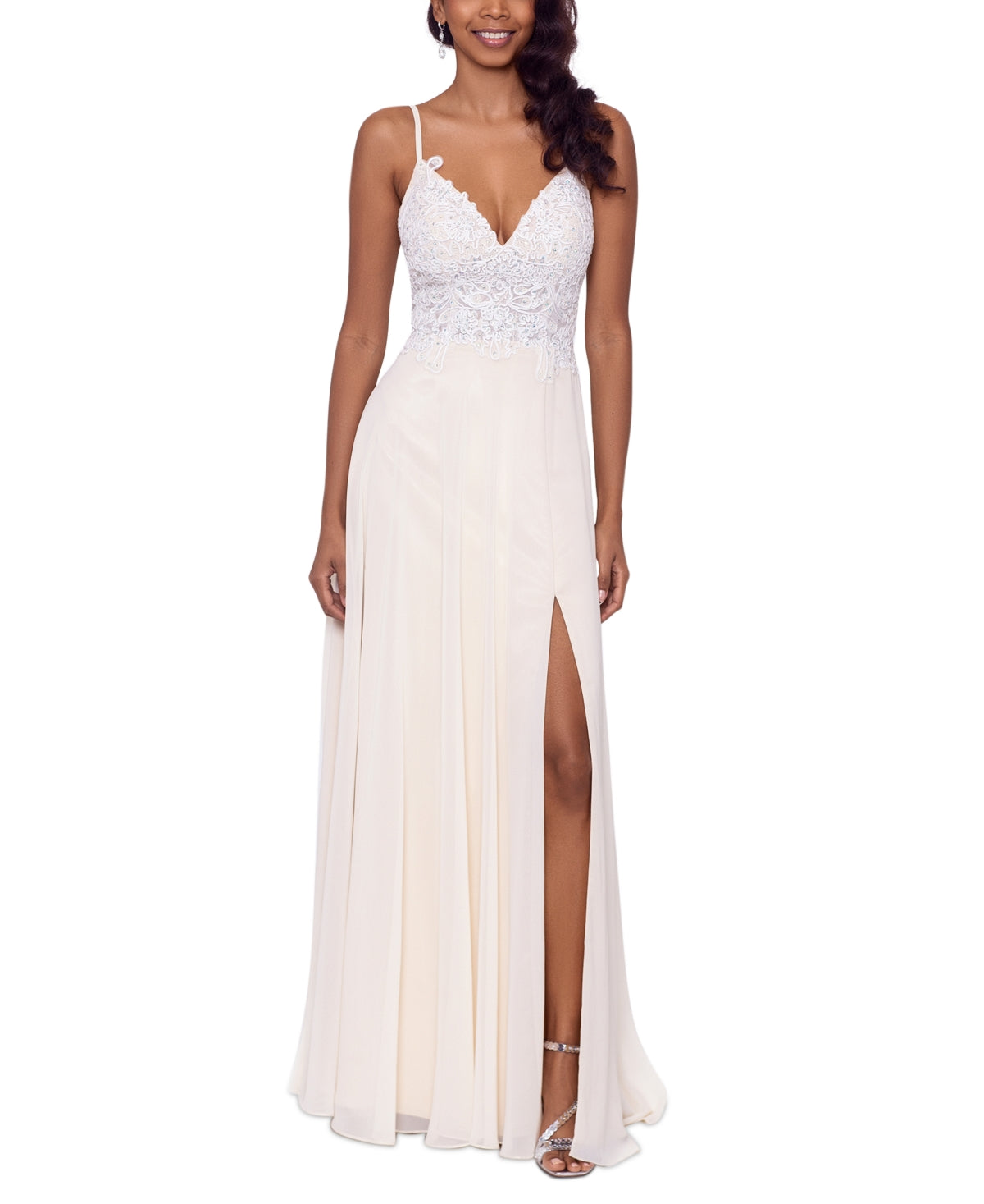 XSCAPE Women's Embroidered Bodice Sleeveless Chiffon Gown Brown Size 2