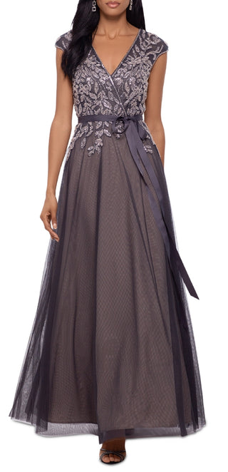 XSCAPE Women's Beaded Fit & Flare Tulle Ballgown Gray Size 10