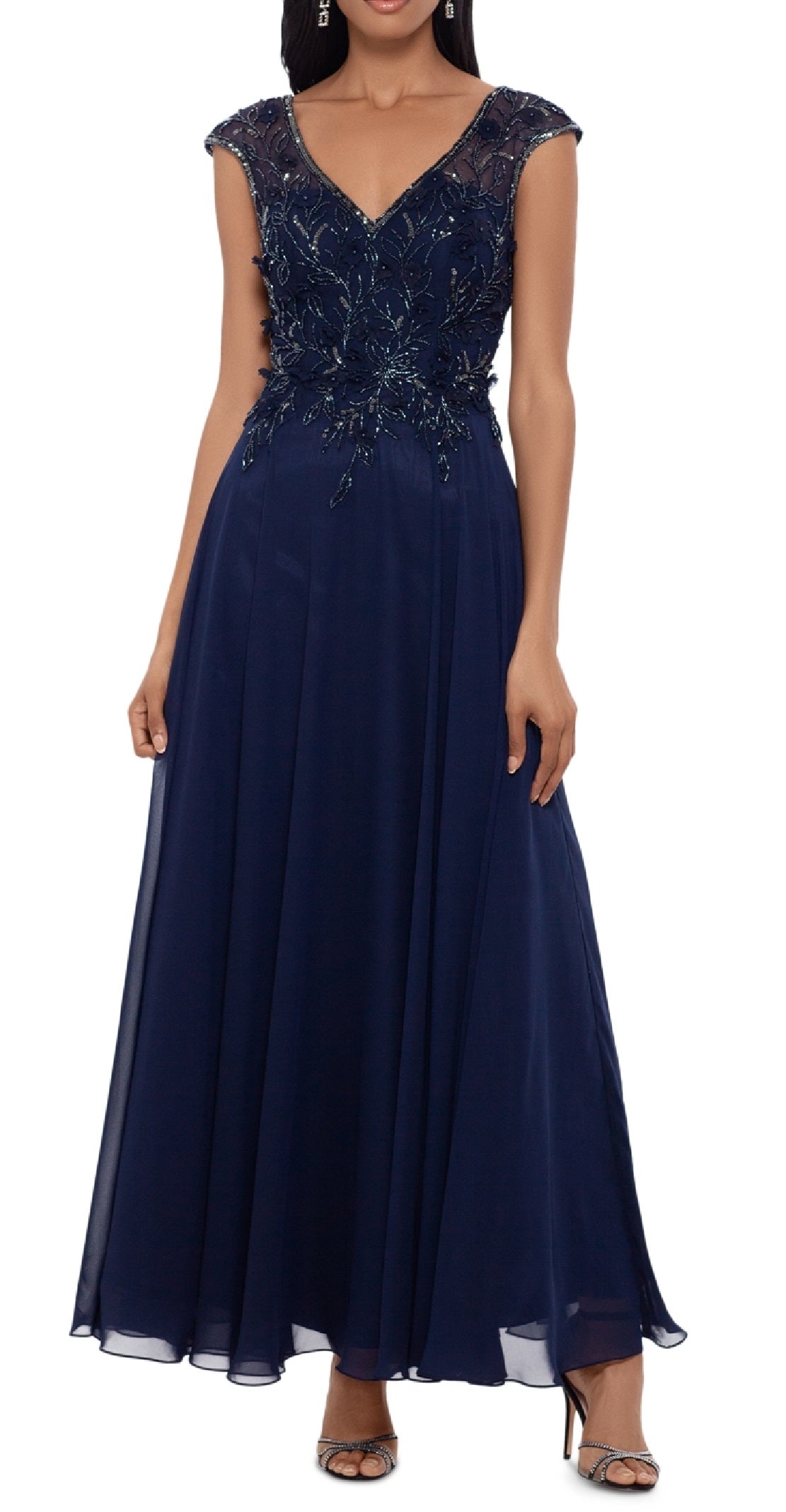 XSCAPE Women's Beaded Chiffon Fit & Flare Dress Blue Size 10