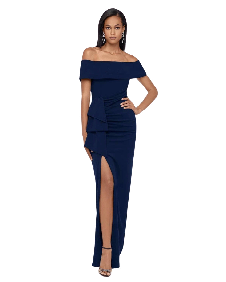 XSCAPE Women's Off The Shoulder Camilla Gown Navy Blue Size 8