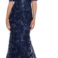 XSCAPE Women's Embroidered Sequin Short Sleeve Gown Blue Size 14
