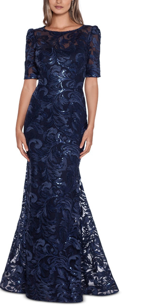 XSCAPE Women's Embroidered Sequin Short Sleeve Gown Blue Size 14