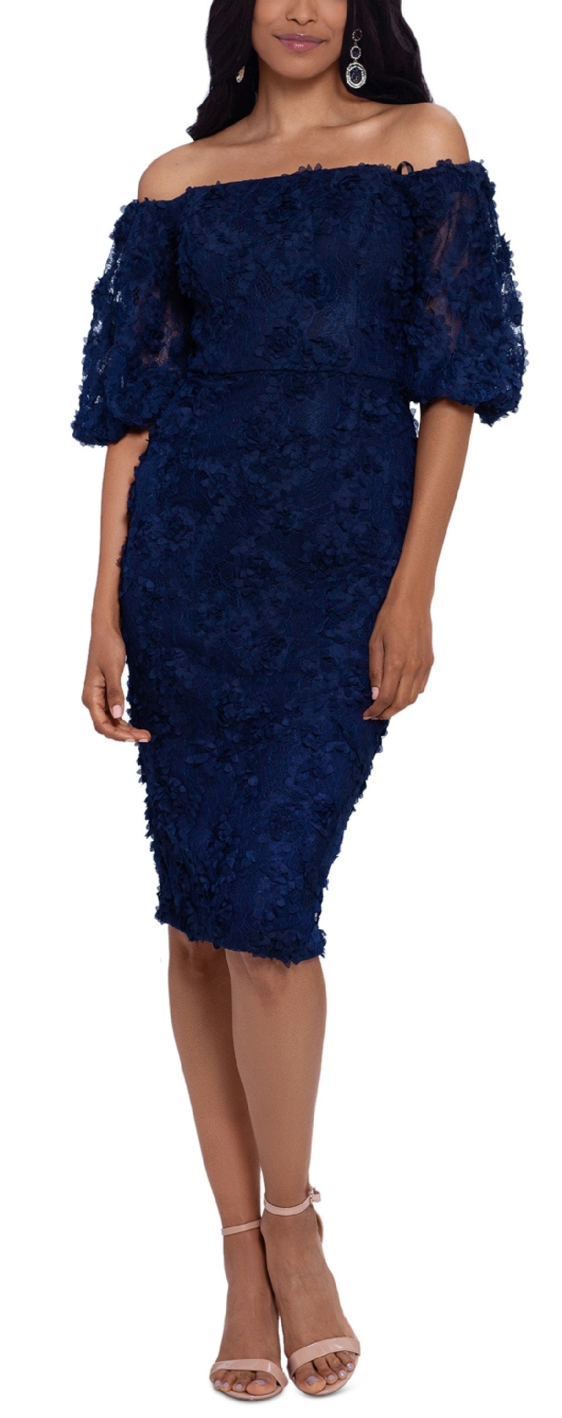 XSCAPE Women's Off The Shoulder Lace Sheath Dress Blue Size 4