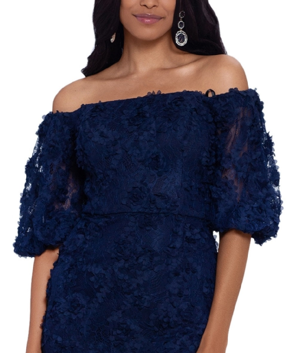 XSCAPE Women's Off The Shoulder Lace Sheath Dress Blue Size 4