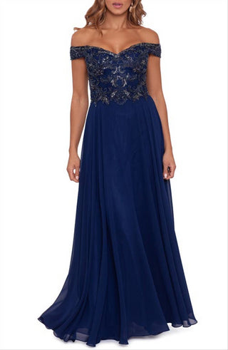 Xscape Women's Navy Off the Shoulder Gown Size 16