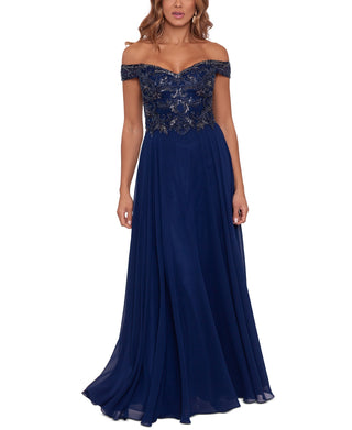 Xscape Women's Navy Off the Shoulder Gown Size 16
