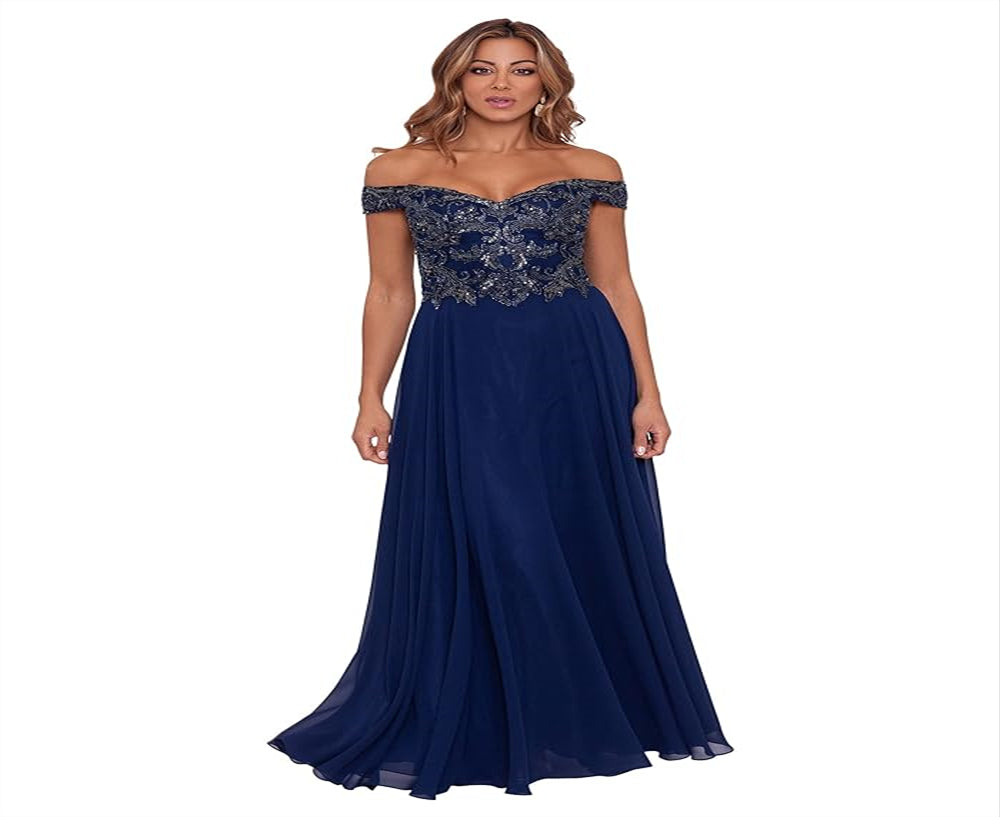 Xscape Women's Navy Off the Shoulder Gown Size 16