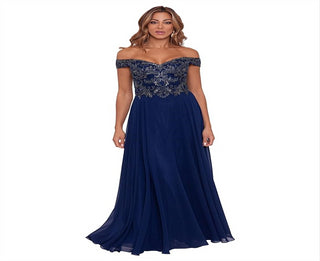 Xscape Women's Navy Off the Shoulder Gown Size 16