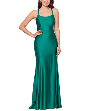XSCAPE Women's Lace Up Satin Gown Green Size 10