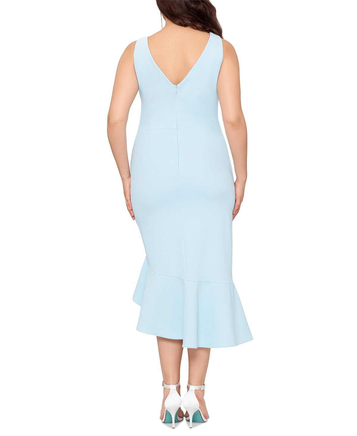 XSCAPE Women's Asymmetric Ruffle Scuba Crepe Cocktail Midi Dress Blue Size 18W