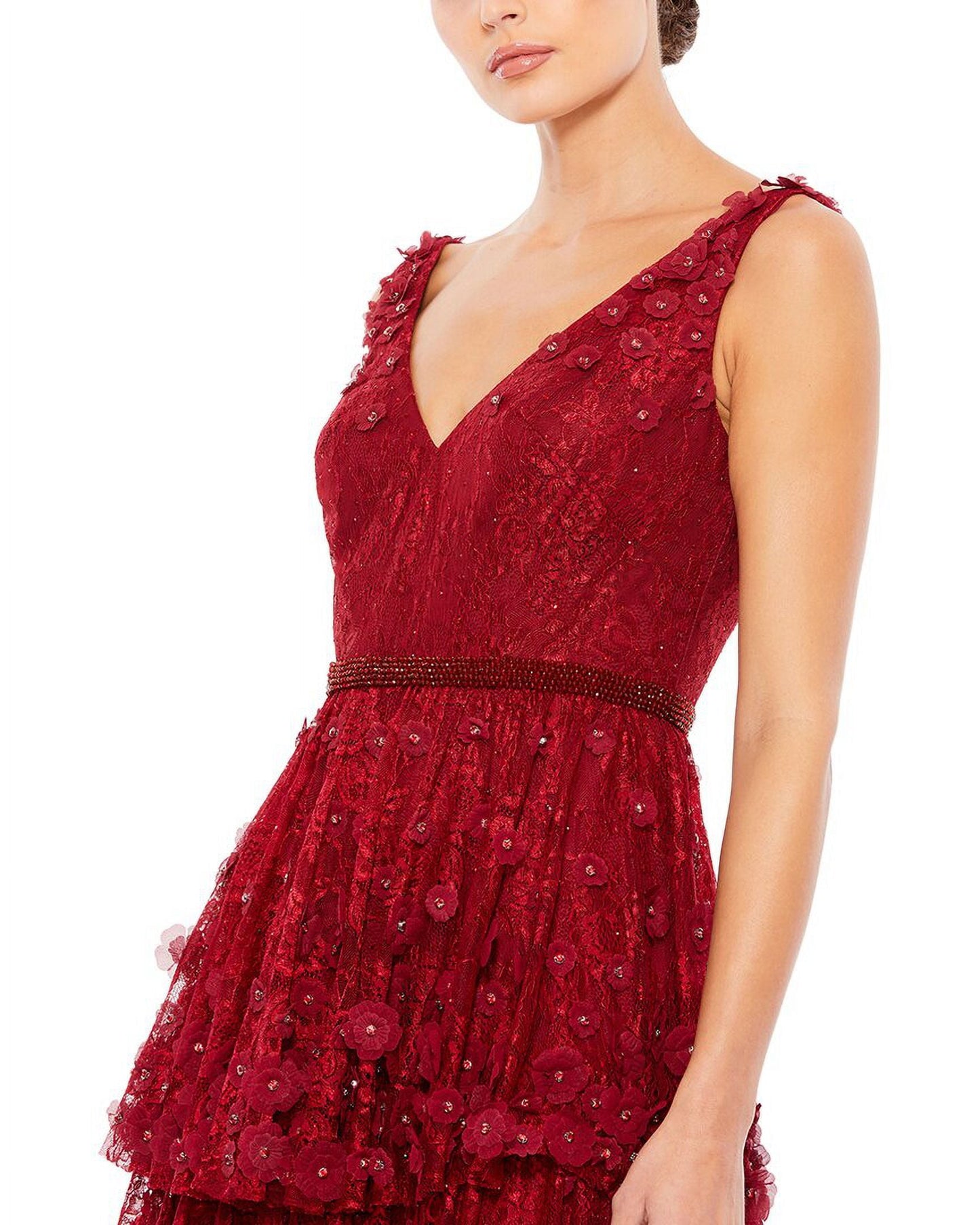 Mac Duggal Tiered Column Gown with Floral Appliqué, Burgundy - Size 12