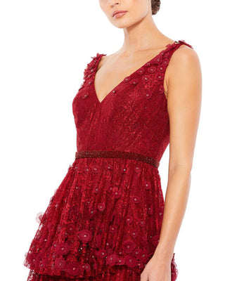 Mac Duggal Tiered Column Gown with Floral Appliqué, Burgundy - Size 12