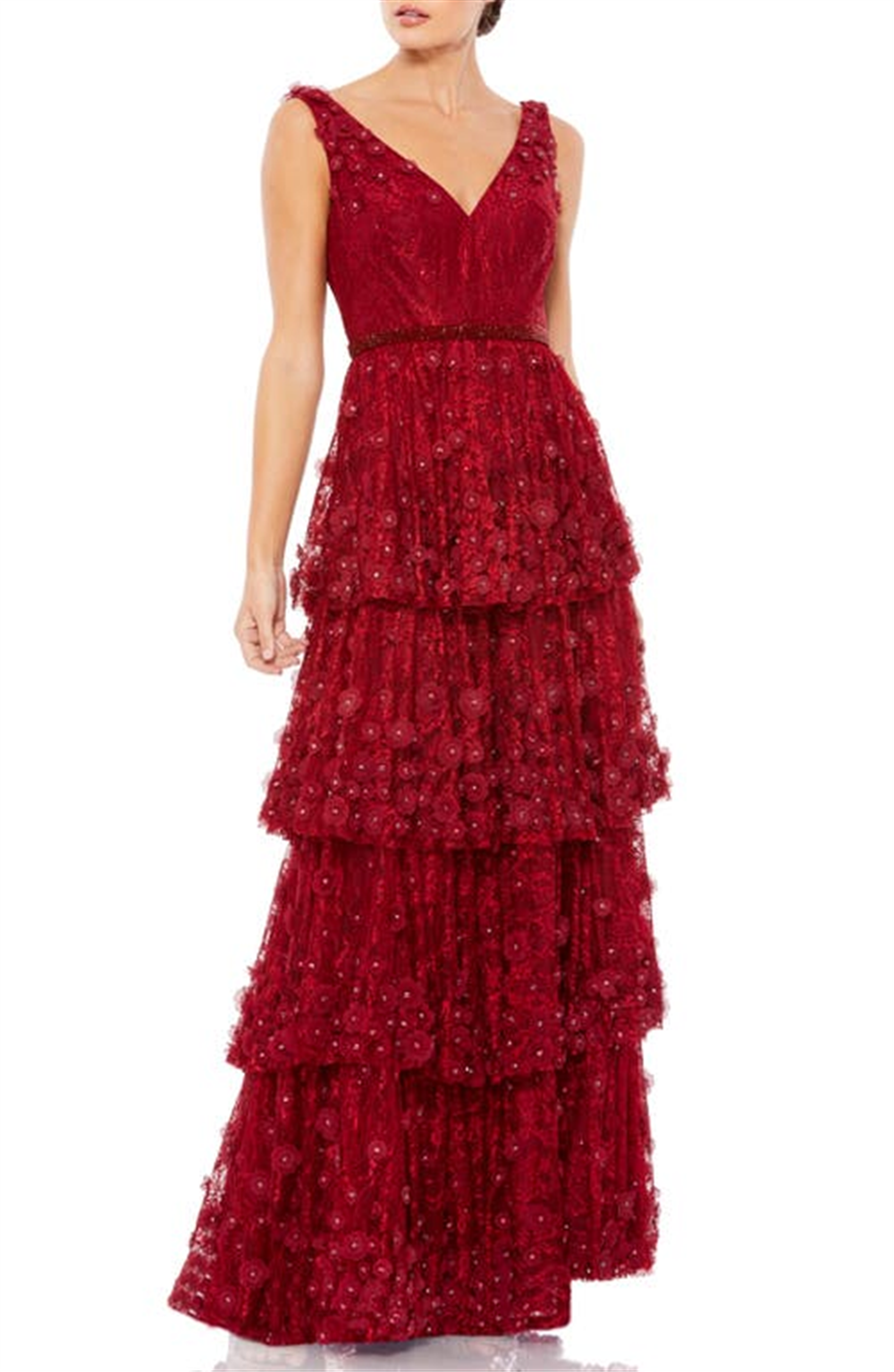 Mac Duggal Tiered Column Gown with Floral Appliqué, Burgundy - Size 12