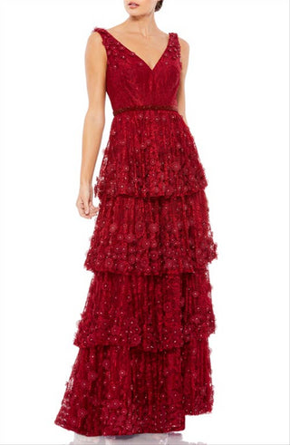 Mac Duggal Tiered Column Gown with Floral Appliqué, Burgundy - Size 12