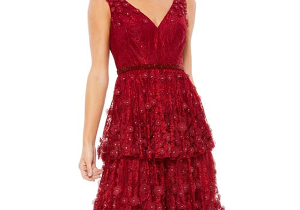 Mac Duggal Tiered Column Gown with Floral Appliqué, Burgundy - Size 12