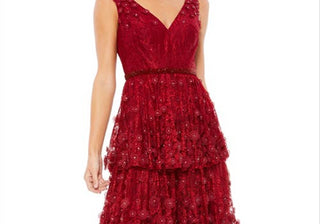 Mac Duggal Tiered Column Gown with Floral Appliqué, Burgundy - Size 12