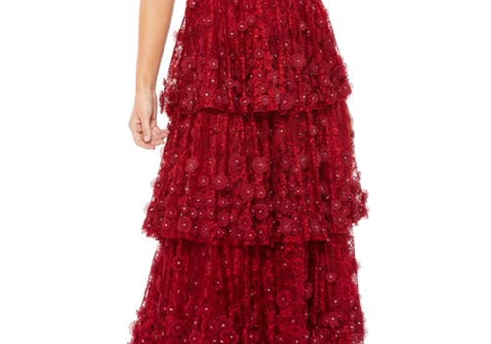 Mac Duggal Tiered Column Gown with Floral Appliqué, Burgundy - Size 12