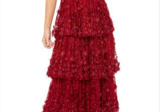 Mac Duggal Tiered Column Gown with Floral Appliqué, Burgundy - Size 12