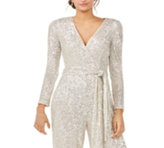 Eliza J Women's Sequinned Surplice Jumpsuit Gray Size 10 Petite