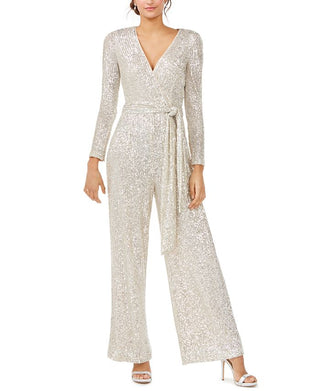 Eliza J Women's Sequinned Surplice Jumpsuit Gray Size 10 Petite