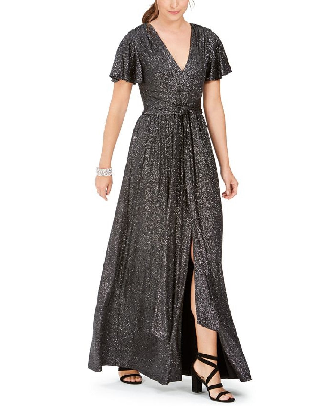 Eliza J Women's Tie Front Flutter Sleeve Glitter Knit Gown Gray Size 8
