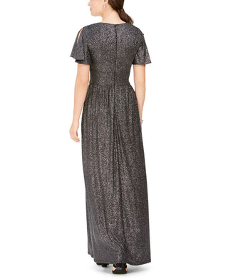 Eliza J Women's Tie Front Flutter Sleeve Glitter Knit Gown Gray Size 8