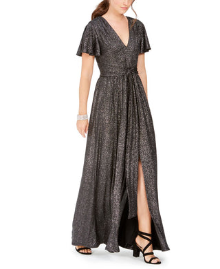 Eliza J Women's Tie Front Flutter Sleeve Glitter Knit Gown Gray Size 8