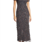 Pisarro Nights Beaded Mesh Column Gown in Slate Size 12