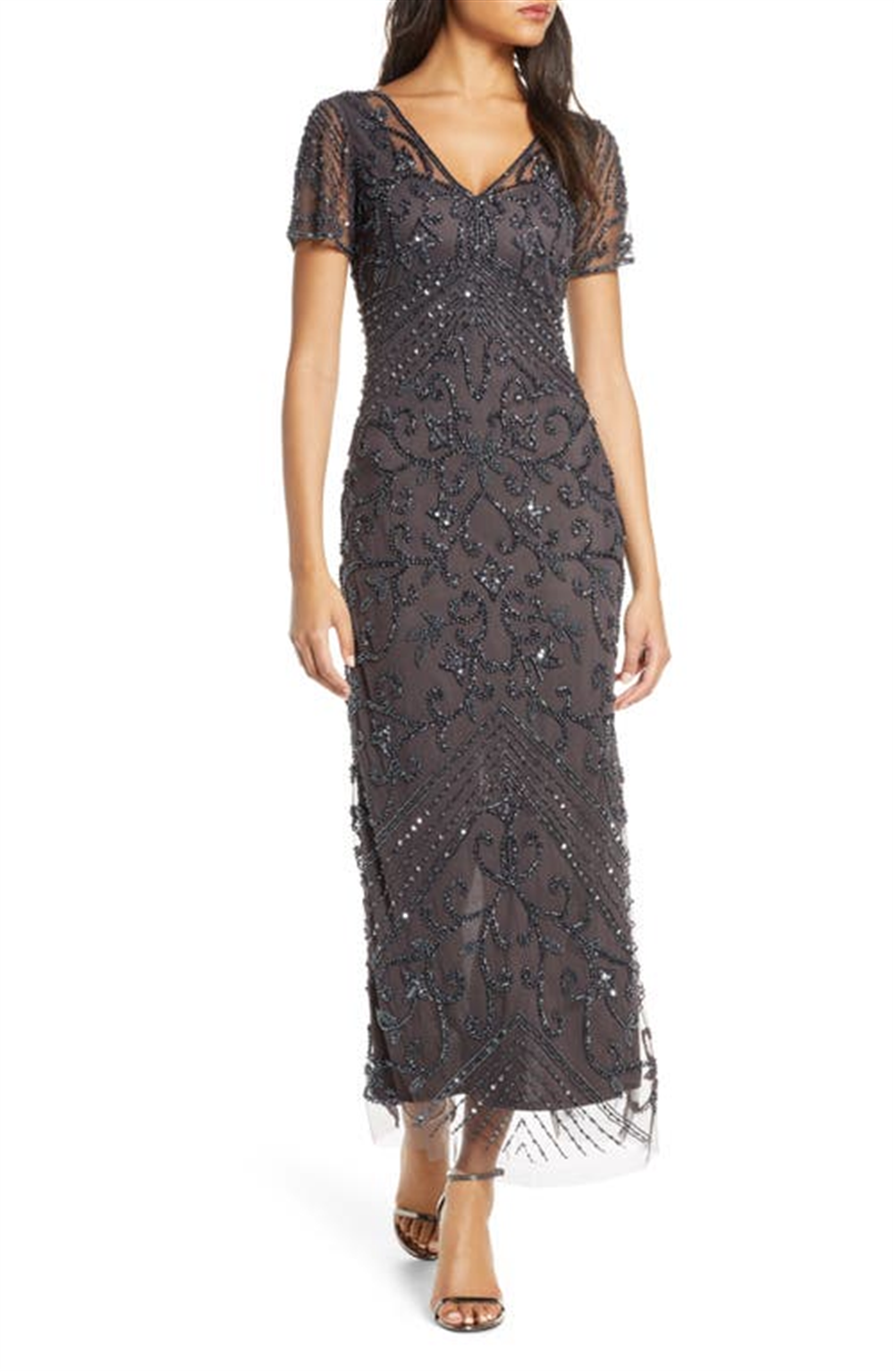 Pisarro Nights Beaded Mesh Column Gown in Slate Size 12