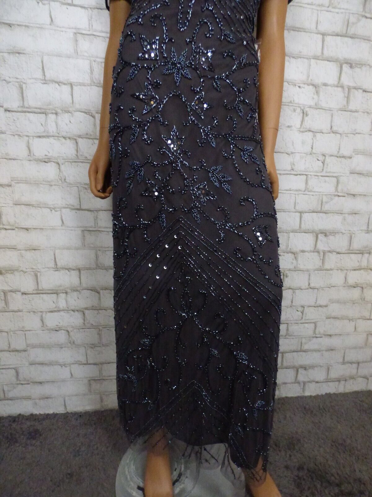 Pisarro Nights Beaded Mesh Column Gown in Slate Size 12