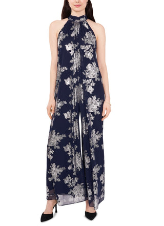 MSK Women's Metallic Floral Print Halter Wide Leg Jumpsuit Blue Size X-Large