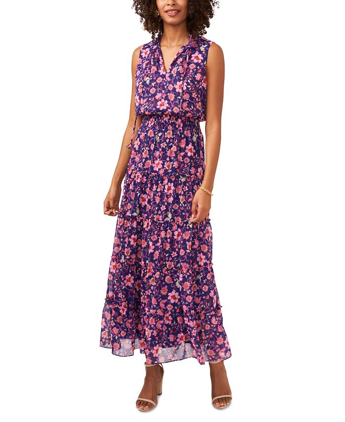 MSK Women's Sleeveless Tie Neck Tiered Maxi Dress Purple Size Medium