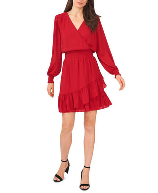 MSK Women's Solid Smocked Waist Ruffled Hem Surplice Neck Dress Red Size Small