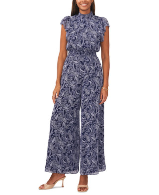 Msk Women's Printed Flutter-Sleeve Smocked-Waist Jumpsuit Size TBD
