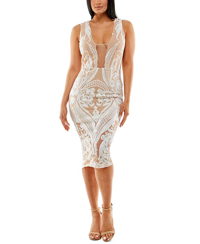 Bebe Women's Sequined Illusion Bodycon Midi Dress White Size X-Large