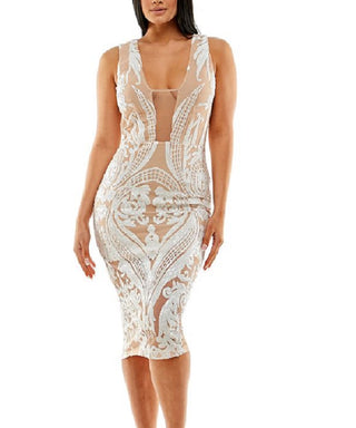 Bebe Women's Sequined Illusion Bodycon Midi Dress White Size X-Large