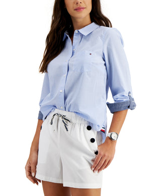 Tommy Hilfiger Women's Cotton Pinstripe Butto Down Shirt Blue Size XX-Large