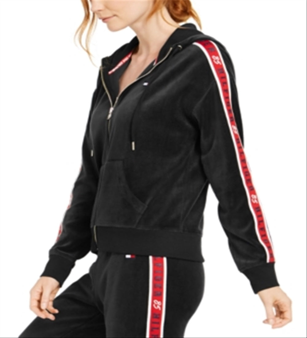 Tommy Hilfiger Women's Velour Logo Tape Zip Hoodie Black Size Small
