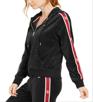 Tommy Hilfiger Women's Velour Logo Tape Zip Hoodie Black Size Small