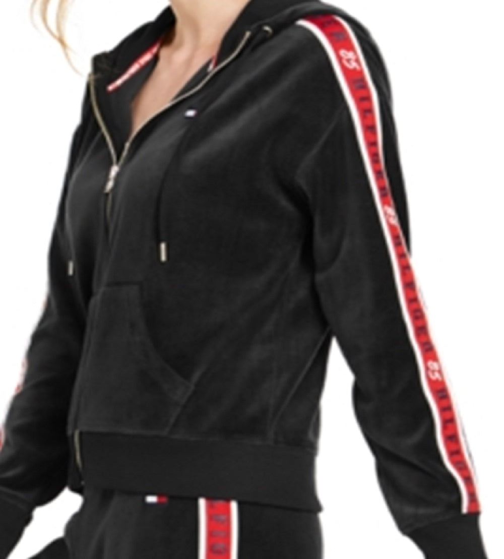Tommy Hilfiger Women's Velour Logo Tape Zip Hoodie Black Size Small