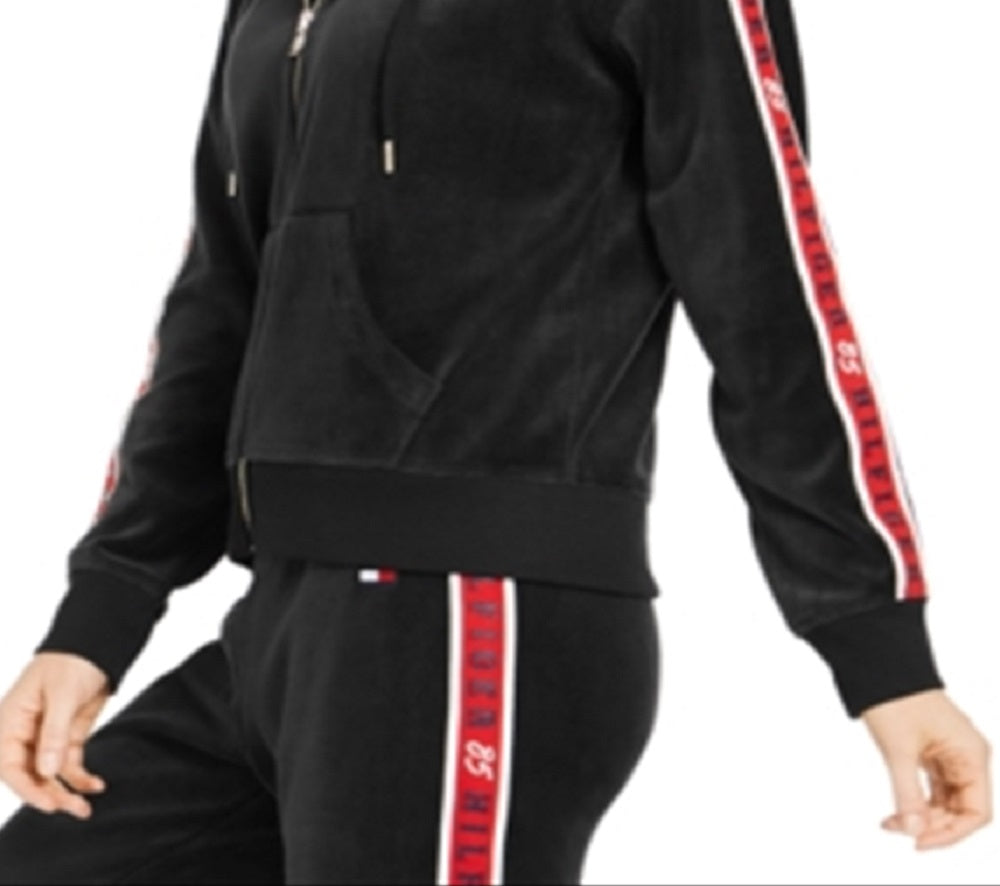 Tommy Hilfiger Women's Velour Logo Tape Zip Hoodie Black Size Small