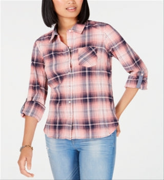 Tommy Hilfiger Women's Plaid Utility Shirt Pink Size Medium