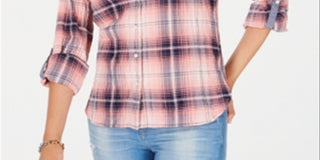 Tommy Hilfiger Women's Plaid Utility Shirt Pink Size Medium