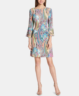 Tommy Hilfiger Women's Jaipur Paisley Bell Sleeve Sheath Dress Pink Size 12 Petite