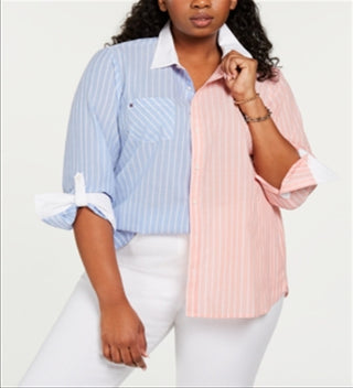 Tommy Hilfiger Women's Cotton Two Tone Striped Shirt Pink Size 3X