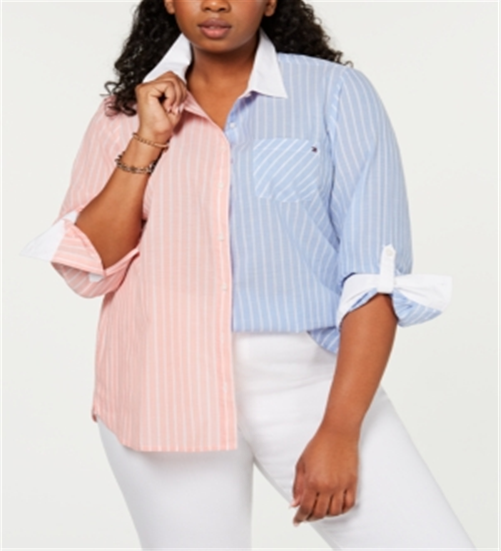 Tommy Hilfiger Women's Cotton Two Tone Striped Shirt Pink Size 3X
