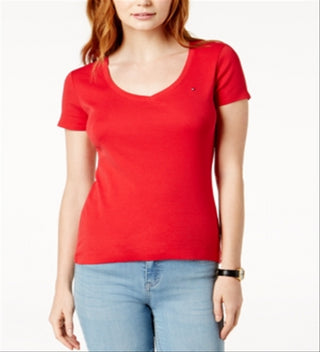 Tommy Hilfiger Women's V Neck T-Shirt Red Size Medium