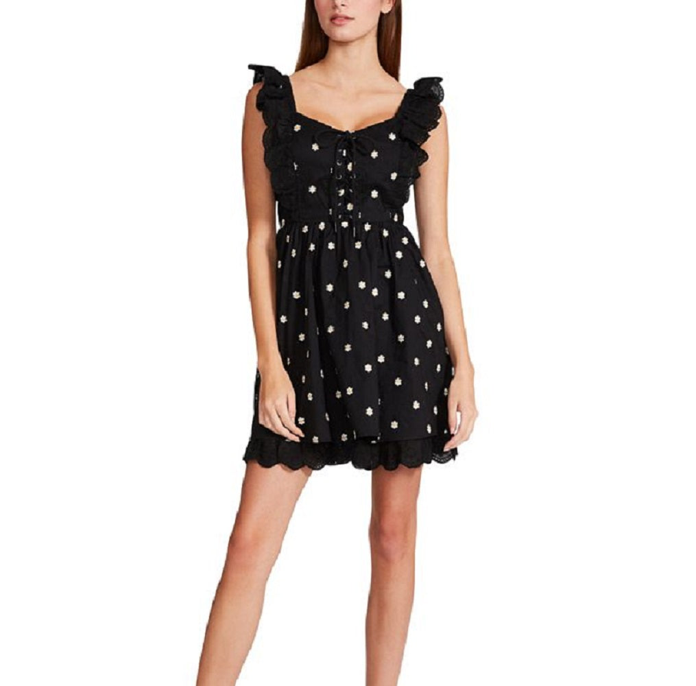 Betsey Johnson Women's Embroidered Daisy Voile Lace Up Fit & Flare Dress Black Size 14